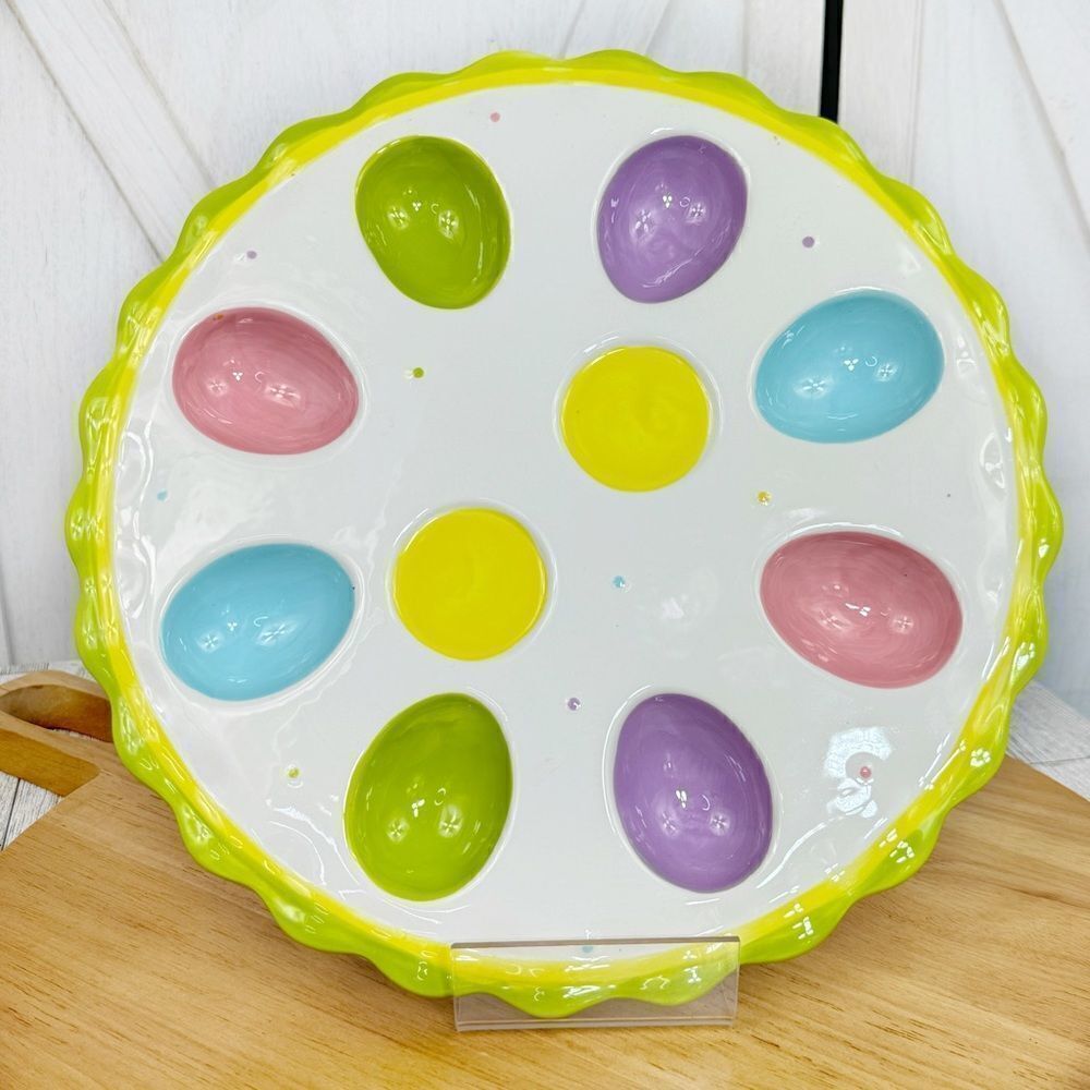 Pier 1 Pastel Deviled Eggs Easter Ceramic Platter‎ Multicolor 11 Inch Round